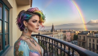 1girl,solo,breasts,looking at viewer,short hair,blue eyes,cleavage,jewelry,medium breasts,collarbone,upper body,pink hair,purple hair,multicolored hair,earrings,outdoors,parted lips,green hair,sky,choker,day,cloud,necklace,two-tone hair,blue sky,lips,streaked hair,eyelashes,makeup,sunlight,building,scenery,multicolored clothes,eyeshadow,hoop earrings,pink lips,city,realistic,nose,railing,eyeliner,cityscape,rainbow,balcony,rainbow hair,bangs,dress,underwear,blue hair,teeth,artist name,water,bra,from side,looking to the side,window,looking away,lipstick,lens flare,pink bra,looking afar,mascara