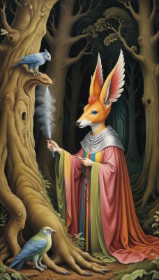 1girl,solo,holding,animal ears,standing,outdoors,wide sleeves,cape,tree,fox ears,night,bird,animal,nature,furry,forest,smoke,robe,furry female,smoking,smoking pipe,fox,beak,lizard,blue eyes,no humans,leaf,rabbit,fantasy,mushroom,deer