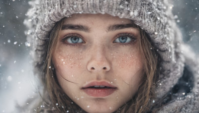 1girl, solo, looking at viewer, blue eyes, brown hair, hat, parted lips, hood, lips, eyelashes, portrait, snow, close-up, freckles, snowing, realistic, nose