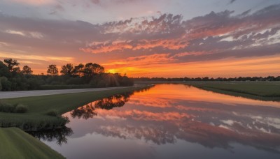 outdoors,sky,cloud,water,tree,no humans,cloudy sky,grass,nature,scenery,forest,reflection,sunset,mountain,sun,horizon,road,river,evening,landscape,mountainous horizon,lake,orange sky,reflective water,red sky