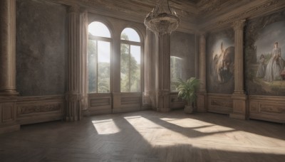 dress,sky,day,cloud,indoors,tree,no humans,window,shadow,sunlight,plant,scenery,robe,light rays,stairs,potted plant,pillar,statue,chandelier,1girl,long hair,multiple girls,brown hair,black hair,1boy,standing,multiple boys,white dress,curtains,wooden floor,paper,painting (object),floor