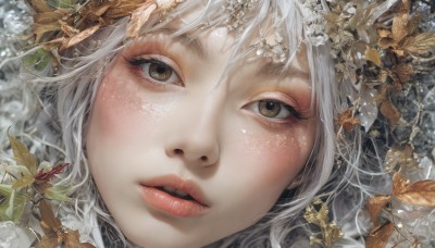 1girl,solo,looking at viewer,open mouth,bangs,brown eyes,flower,white hair,parted lips,teeth,lips,eyelashes,makeup,leaf,portrait,close-up,freckles,realistic,short hair,nose,autumn leaves