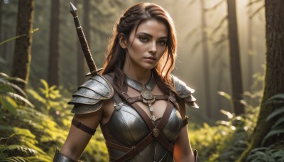 1girl,solo,long hair,breasts,looking at viewer,brown hair,cleavage,brown eyes,medium breasts,closed mouth,upper body,weapon,braid,outdoors,parted lips,day,sword,artist name,dark skin,armor,blurry,dark-skinned female,tree,lips,depth of field,blurry background,shoulder armor,nature,forest,pauldrons,breastplate,realistic,nose,strap,weapon on back,sword behind back,necklace,sunlight,plant