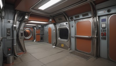 indoors,no humans,ground vehicle,scenery,science fiction,door,tiles,cable,tile floor,seat,realistic