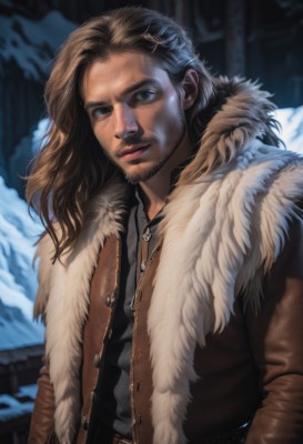 solo,long hair,looking at viewer,blue eyes,brown hair,shirt,hair ornament,long sleeves,1boy,closed mouth,jacket,upper body,male focus,outdoors,open clothes,hairclip,belt,signature,blurry,open jacket,lips,coat,fur trim,black shirt,buttons,depth of field,blurry background,facial hair,beard,snow,zipper,brown jacket,snowing,realistic,nose,mustache,stubble,fur-trimmed jacket,brown coat,smile,brown eyes,jewelry,necklace,vest,fur collar,brown belt,animification