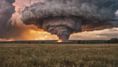 outdoors,sky,cloud,tree,no humans,cloudy sky,grass,fire,nature,scenery,smoke,sunset,sun,field,landscape