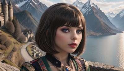 1girl,solo,looking at viewer,short hair,bangs,blue eyes,brown hair,jewelry,upper body,outdoors,sky,day,cloud,necklace,mole,lips,eyelashes,mole under eye,makeup,bob cut,lipstick,gem,portrait,scenery,pendant,mountain,realistic,red lips,castle,landscape,black hair,parted lips,water,building,architecture,lake