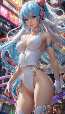 1girl,solo,long hair,breasts,looking at viewer,bangs,blue eyes,hair ornament,thighhighs,gloves,holding,hair between eyes,bare shoulders,twintails,medium breasts,very long hair,blue hair,standing,collarbone,weapon,thighs,cowboy shot,boots,parted lips,choker,white gloves,fingerless gloves,blurry,white thighhighs,leotard,lips,aqua hair,covered navel,blurry background,headphones,thigh boots,highleg,breasts apart,highleg leotard,headset,white leotard,smile,cleavage,armlet,zipper