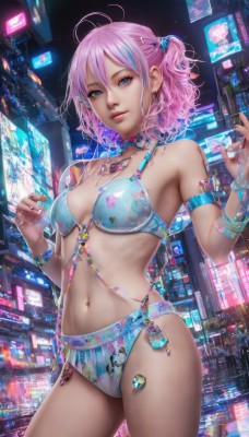 1girl,solo,breasts,looking at viewer,short hair,blue eyes,hair ornament,navel,jewelry,medium breasts,underwear,blue hair,standing,swimsuit,pink hair,bikini,multicolored hair,cowboy shot,earrings,parted lips,choker,necklace,nail polish,bra,bracelet,two-tone hair,lips,streaked hair,ring,armlet,science fiction,city,realistic,smile,bangs,hair between eyes,closed mouth,ahoge,sidelocks,small breasts,outdoors,artist name,signature,stomach,side ponytail,eyelashes,night,one side up,watermark,piercing,antenna hair,building,gem,armband,web address,blue bikini,contrapposto,navel piercing,print bikini,blue gemstone,aqua bikini,neon lights,holographic interface,hologram