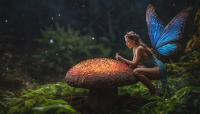 1girl,solo,long hair,brown hair,hair ornament,dress,bare shoulders,braid,flower,outdoors,wings,barefoot,pointy ears,hair flower,blurry,from side,bare legs,profile,night,depth of field,blurry background,blue dress,squatting,grass,nature,light particles,side slit,forest,minigirl,fantasy,fairy wings,fairy,head wreath,mushroom,butterfly wings,blue wings,fireflies,tree stump,black hair,bare arms,strapless,leaning forward,sandals,bug,plant,butterfly,strapless dress,realistic,moss,log,ladybug