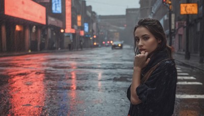 1girl,solo,long hair,looking at viewer,brown hair,shirt,black hair,brown eyes,upper body,short sleeves,outdoors,blurry,lips,depth of field,blurry background,ground vehicle,building,motor vehicle,rain,city,realistic,car,road,street,crosswalk,real world location,jewelry,parted lips,day,hand up,necklace,bag,scarf,from side,looking to the side,night,scenery,sign,hand on own chin,road sign