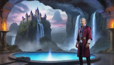 solo,looking at viewer,long sleeves,1boy,standing,white hair,grey hair,male focus,outdoors,sky,belt,pants,cloud,water,tree,facial hair,black pants,cloudy sky,fire,scenery,beard,robe,mountain,fantasy,mustache,arms at sides,old,pillar,castle,waterfall,fog,cliff,closed mouth,day,coat,building,goatee,red coat,old man,arch