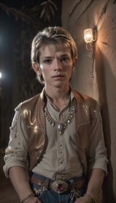 solo,looking at viewer,short hair,blue eyes,blonde hair,brown hair,shirt,long sleeves,1boy,jewelry,closed mouth,standing,white shirt,male focus,cowboy shot,earrings,collared shirt,belt,pants,necklace,blurry,black eyes,vest,bracelet,lips,blurry background,denim,gem,androgynous,sleeves rolled up,freckles,jeans,lantern,realistic,nose,blue pants,brown belt,lamp,brown vest,1girl,brown eyes,jacket,outdoors,tiara,brown jacket,hands in pockets,leather