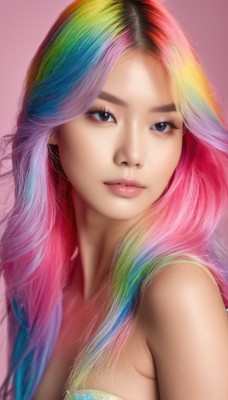 1girl,solo,long hair,breasts,looking at viewer,simple background,cleavage,bare shoulders,medium breasts,closed mouth,blue hair,upper body,pink hair,multicolored hair,signature,black eyes,lips,eyelashes,strapless,makeup,pink background,multicolored clothes,personification,realistic,nose,rainbow hair,multicolored stripes,blonde hair,brown eyes,parted lips,green hair,watermark,portrait,web address