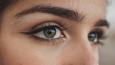 1girl,solo,looking at viewer,brown hair,black hair,brown eyes,artist name,blurry,eyelashes,depth of field,blurry background,thick eyebrows,close-up,freckles,reflection,realistic,eye focus,1boy,male focus,portrait