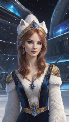 1girl,solo,long hair,breasts,looking at viewer,brown hair,long sleeves,hat,dress,animal ears,cleavage,brown eyes,jewelry,medium breasts,closed mouth,collarbone,upper body,earrings,cat ears,lips,fur trim,makeup,blue dress,crown,lipstick,gem,snow,snowing,red lips,blue gemstone,bangs,belt,artist name,parted bangs,wavy hair,tiara,star (sky),realistic