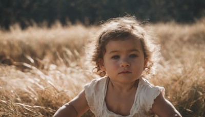 1girl,solo,looking at viewer,short hair,brown hair,dress,brown eyes,jewelry,closed mouth,upper body,earrings,outdoors,signature,dark skin,white dress,blurry,flat chest,dark-skinned female,lips,blurry background,grass,outstretched arms,child,curly hair,realistic,very dark skin,afro,blue eyes,wind,backlighting,field,wheat