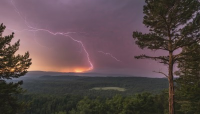 outdoors,sky,cloud,tree,no humans,cloudy sky,grass,nature,scenery,forest,sunset,mountain,electricity,lightning,landscape,purple sky,ocean,horizon,twilight,gradient sky