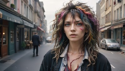 1girl,long hair,looking at viewer,blue eyes,blonde hair,brown hair,shirt,black hair,1boy,collarbone,jacket,white shirt,upper body,pink hair,heart,multicolored hair,outdoors,parted lips,open clothes,necktie,solo focus,day,collared shirt,pants,mole,blurry,two-tone hair,open jacket,lips,streaked hair,black jacket,blood,makeup,depth of field,blurry background,wavy hair,formal,suit,ground vehicle,building,messy hair,motor vehicle,freckles,walking,rain,injury,blood on face,city,realistic,nose,unbuttoned,car,road,street,crosswalk,solo,cleavage,jewelry,underwear,school uniform,earrings,bra,tree,torn clothes,watermark,facial mark,blazer,lipstick,web address,eyeshadow,blood on clothes,partially unbuttoned,dirty,loose necktie