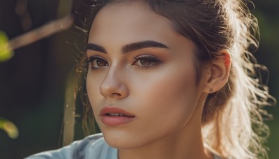 1girl,solo,long hair,looking at viewer,brown hair,brown eyes,jewelry,green eyes,earrings,parted lips,teeth,blurry,lips,eyelashes,depth of field,blurry background,thick eyebrows,portrait,close-up,freckles,curly hair,realistic,nose,stud earrings,black hair