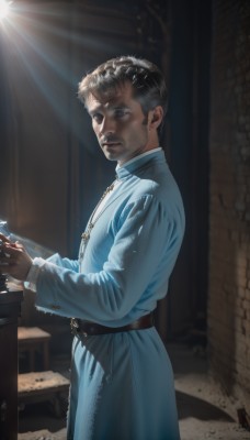 solo,looking at viewer,short hair,blue eyes,brown hair,black hair,long sleeves,1boy,holding,closed mouth,standing,weapon,male focus,belt,sword,indoors,from side,book,facial hair,chair,table,sunlight,beard,robe,light rays,realistic,tunic,expressionless,formal,instrument,music,light,playing instrument,piano