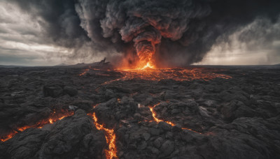 outdoors, sky, cloud, no humans, ocean, cloudy sky, fire, scenery, smoke, explosion, molten rock