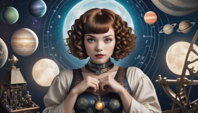 1girl,solo,looking at viewer,short hair,bangs,blue eyes,brown hair,long sleeves,dress,brown eyes,jewelry,upper body,sky,choker,blunt bangs,necklace,lips,grey eyes,makeup,watermark,moon,star (sky),full moon,starry sky,curly hair,realistic,nose,space,planet,earth (planet),lipstick,red lips