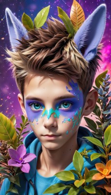 solo,looking at viewer,short hair,blue eyes,brown hair,shirt,1boy,animal ears,closed mouth,jacket,upper body,flower,male focus,open clothes,artist name,hood,mole,lips,eyelashes,hoodie,makeup,leaf,watermark,hood down,blue shirt,plant,portrait,star (sky),light particles,extra ears,eyeshadow,nose,purple flower,facepaint,paint splatter,paint splatter on face,fox ears,wolf ears,bodypaint,paint