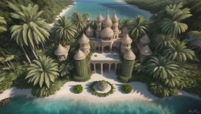 outdoors,sky,day,artist name,signature,water,tree,no humans,ocean,leaf,beach,grass,plant,building,nature,scenery,sand,palm tree,bush,castle,tower,boat,starfish,shore,island,forest,fantasy,arch