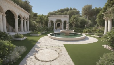 outdoors,sky,day,artist name,water,tree,blue sky,no humans,shadow,watermark,grass,plant,building,nature,scenery,palm tree,road,bush,pillar,statue,arch,column,dated,architecture,path,garden,pavement,fountain