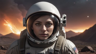 1girl,solo,looking at viewer,short hair,brown hair,brown eyes,closed mouth,upper body,outdoors,sky,cloud,blurry,lips,depth of field,blurry background,helmet,portrait,freckles,reflection,science fiction,sunset,mountain,realistic,sun,american flag,spacesuit,space helmet,astronaut,parted lips,rock,flag,looking afar,planet,dirty,japanese flag,united states