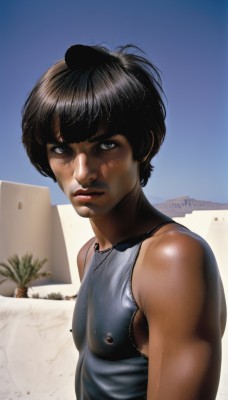 solo,looking at viewer,short hair,bangs,black hair,1boy,bare shoulders,nipples,upper body,male focus,outdoors,sky,sleeveless,day,shiny,dark skin,black eyes,covered nipples,dark-skinned female,blue sky,lips,dark-skinned male,tank top,androgynous,realistic,nose,desert,1girl