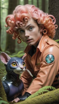 1girl,solo,looking at viewer,blue eyes,1boy,green eyes,jacket,yellow eyes,upper body,pink hair,male focus,red hair,outdoors,parted lips,blurry,tree,lips,blurry background,animal,cat,plant,nature,forest,curly hair,brown jacket,realistic,leather,blonde hair,gloves,signature,fingerless gloves,orange hair