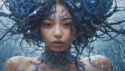 1girl,solo,looking at viewer,short hair,black hair,bare shoulders,closed mouth,water,blurry,black eyes,lips,wet,floating hair,expressionless,wind,portrait,close-up,rain,realistic,straight-on,long hair,blue eyes,brown eyes,blue hair,upper body,parted lips,tree,eyelashes,facial mark,nose,branch,bare tree