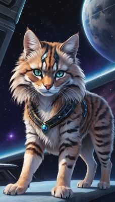 solo,looking at viewer,blue eyes,jewelry,closed mouth,full body,signature,collar,aqua eyes,no humans,animal,watermark,cat,gem,star (sky),starry sky,realistic,space,animal focus,planet,whiskers,earth (planet),green eyes,standing,sky,artist name,necklace,web address,pendant,white fur