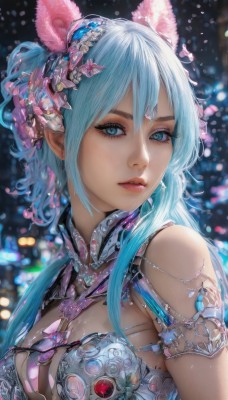 1girl,solo,long hair,breasts,looking at viewer,bangs,blue eyes,large breasts,hair ornament,animal ears,cleavage,bare shoulders,jewelry,medium breasts,blue hair,upper body,ponytail,flower,earrings,parted lips,hair flower,mole,blurry,lips,eyelashes,mole under eye,makeup,depth of field,blurry background,gem,armlet,realistic,hair between eyes,artist name,armor,rabbit ears,aqua eyes,fake animal ears,light particles,nose,bokeh,mascara