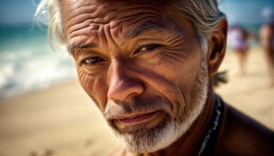 HQ,solo,looking at viewer,1boy,jewelry,closed mouth,white hair,grey hair,male focus,outdoors,solo focus,day,necklace,blurry,depth of field,blurry background,facial hair,scar,beach,portrait,beard,mature male,realistic,mustache,sand,bald,old,old man,wrinkled skin,green eyes,manly,old woman