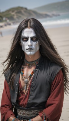 1girl,solo,long hair,looking at viewer,brown hair,shirt,black hair,long sleeves,1boy,brown eyes,jewelry,collarbone,yellow eyes,upper body,male focus,outdoors,solo focus,choker,day,necklace,blurry,vest,bracelet,lips,sash,makeup,depth of field,blurry background,colored skin,beach,pale skin,colored sclera,beads,realistic,sand,grey skin,black lips,breasts,dress,cleavage,medium breasts,parted lips,nail polish,orange eyes,facial mark,ring,facepaint