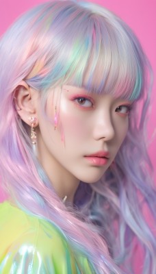 1girl,solo,long hair,looking at viewer,bangs,simple background,shirt,brown eyes,jewelry,closed mouth,upper body,pink hair,white hair,multicolored hair,earrings,blunt bangs,from side,lips,eyelashes,gradient hair,makeup,piercing,pink background,ear piercing,portrait,eyeshadow,pink lips,realistic,nose,eyeliner,parted lips,mascara