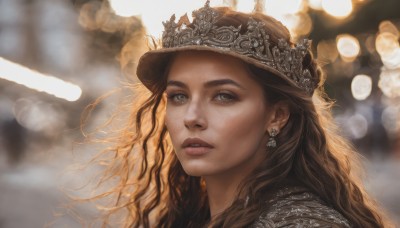 1girl,solo,long hair,looking at viewer,brown hair,brown eyes,jewelry,earrings,parted lips,blurry,lips,grey eyes,eyelashes,depth of field,blurry background,wavy hair,tiara,crown,portrait,freckles,realistic,nose,bokeh,hat,outdoors,teeth,armor