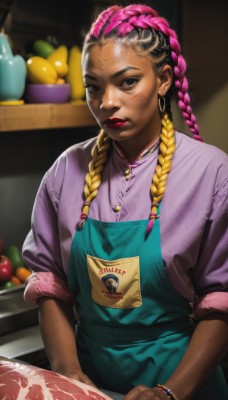 1girl,solo,long hair,looking at viewer,blonde hair,shirt,black hair,brown eyes,jewelry,upper body,pink hair,braid,multicolored hair,earrings,food,indoors,dark skin,necklace,mole,blurry,black eyes,apron,twin braids,bracelet,two-tone hair,dark-skinned female,lips,grey eyes,makeup,blurry background,lipstick,eyeshadow,realistic,nose,red lips,mascara,green apron,multiple braids,holding,closed mouth,alternate costume,artist name,gradient hair,fruit,facial mark,freckles,pink shirt,asymmetrical hair,undercut,very dark skin,sleeves pushed up,banana,pineapple