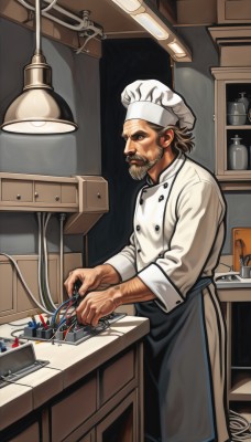 solo,brown hair,1boy,hat,brown eyes,standing,grey hair,male focus,indoors,apron,from side,buttons,facial hair,white headwear,waist apron,beard,science fiction,mustache,lamp,cable,manly,old,old man,chef hat,chef,realistic,counter