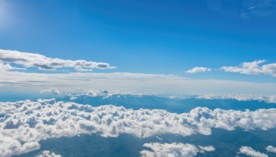 monochrome,outdoors,sky,day,cloud,blue sky,no humans,ocean,cloudy sky,scenery,blue theme,horizon,landscape,above clouds,sunlight