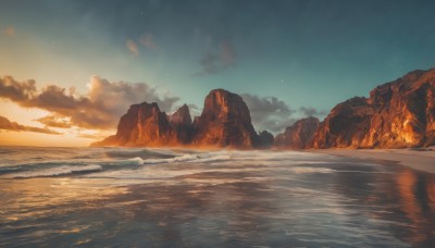 outdoors,sky,cloud,water,blue sky,no humans,night,ocean,beach,cloudy sky,fire,star (sky),night sky,scenery,starry sky,reflection,sunset,rock,mountain,sand,horizon,mountainous horizon,gradient sky,shore