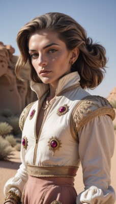 1girl,solo,looking at viewer,brown hair,shirt,long sleeves,brown eyes,jewelry,closed mouth,white shirt,upper body,earrings,outdoors,parted lips,sky,day,medium hair,necklace,mole,blurry,flat chest,bracelet,blue sky,lips,blurry background,gem,freckles,realistic,nose,short hair,weapon,sword,sash,sunlight,ring,sheath,high collar