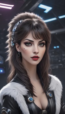 1girl,solo,long hair,breasts,looking at viewer,bangs,brown hair,hair ornament,cleavage,brown eyes,jewelry,medium breasts,green eyes,jacket,upper body,hairband,earrings,parted lips,mole,blurry,lips,black jacket,grey eyes,fur trim,eyelashes,mole under eye,makeup,blurry background,lipstick,eyeshadow,freckles,realistic,nose,red lips,eyeliner,leather,teeth,artist name,signature,facial mark,facepaint