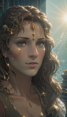 1girl,solo,long hair,breasts,looking at viewer,blue eyes,brown hair,hair ornament,cleavage,jewelry,green eyes,collarbone,upper body,earrings,parted lips,artist name,necklace,lips,eyelashes,wavy hair,sunlight,gem,portrait,close-up,freckles,curly hair,gold trim,circlet,gold,head chain,medium breasts,braid,aqua eyes