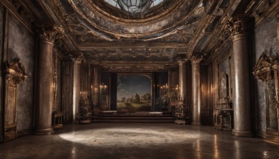 outdoors,sky,indoors,water,dutch angle,no humans,window,night,building,scenery,reflection,stairs,fantasy,door,candle,architecture,pillar,church,arch,column,cloud,cloudy sky,fire,throne,statue,candlestand,chandelier