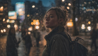 1girl, solo, short hair, blonde hair, upper body, outdoors, solo focus, dark skin, bag, scarf, blurry, dark-skinned female, lips, night, depth of field, blurry background, backpack, looking up, snowing, city, realistic