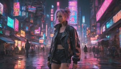 1girl, looking at viewer, navel, jewelry, standing, jacket, ponytail, pink hair, outdoors, open clothes, shorts, solo focus, midriff, necklace, black jacket, short shorts, dutch angle, night, black shorts, denim, scenery, rain, city, sign, realistic, road, leather, street, leather jacket, cyberpunk, neon lights